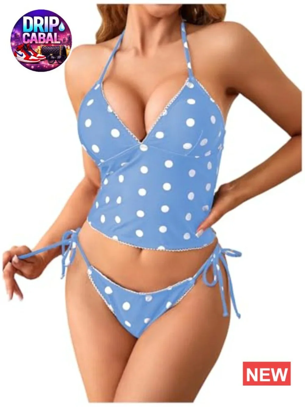Women's Halter Tankini Swimsuits 2 Piece Polka Dots Bikini Set Tie Backless